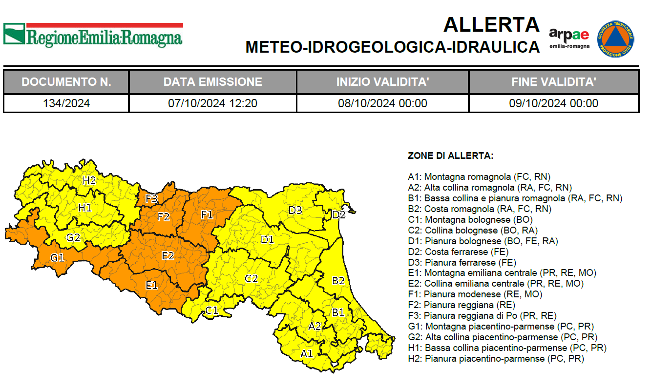 Allerta 134/2024 valida dalle 00:00 del 08/10/2024: piene dei fiumi, frane e piene dei corsi minori, temporali, vento